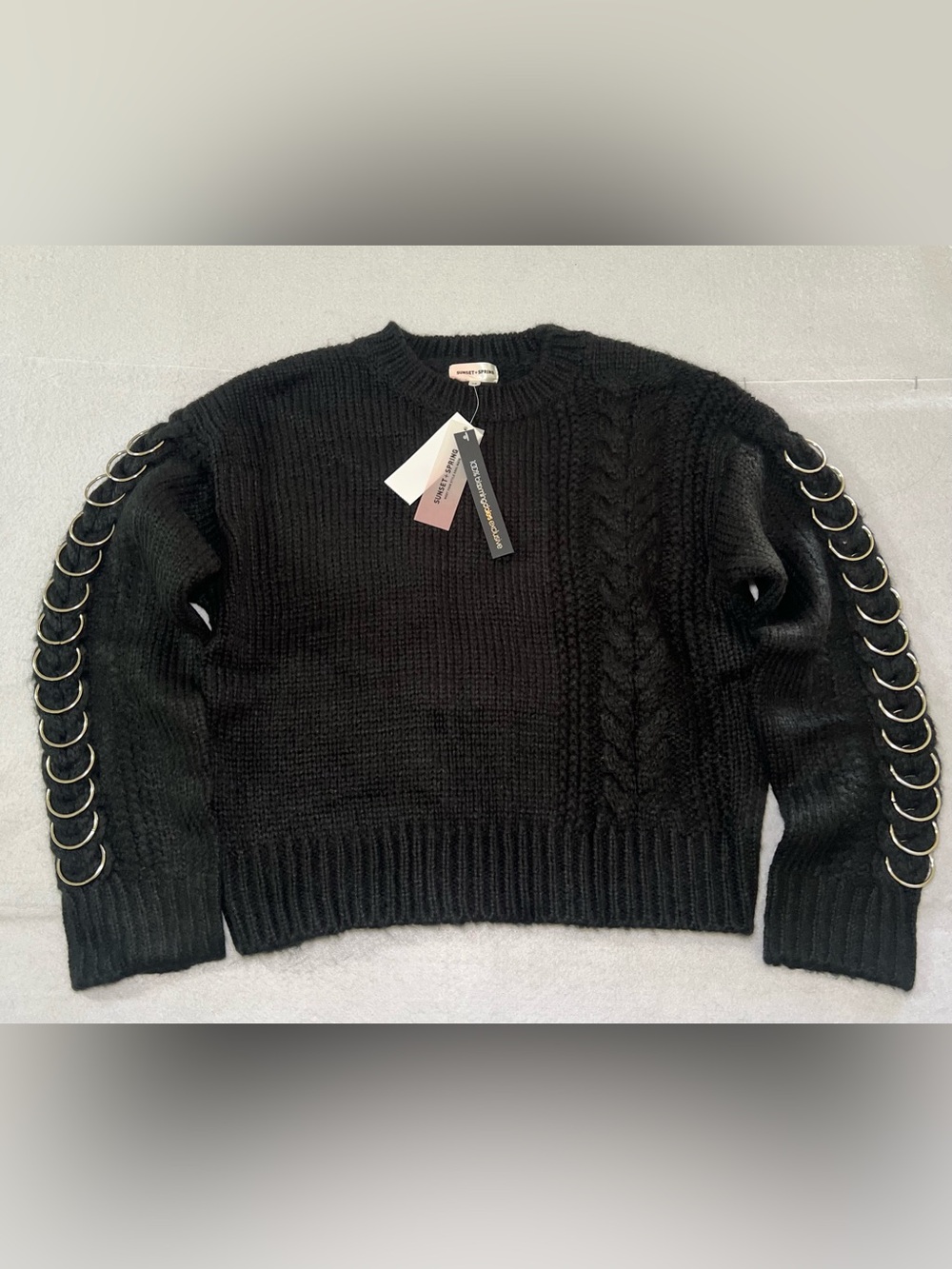 SUNSET + SPRING NWT Bloomingdale's Hardware O-Ring Cable Knit Sweater,Black, XS